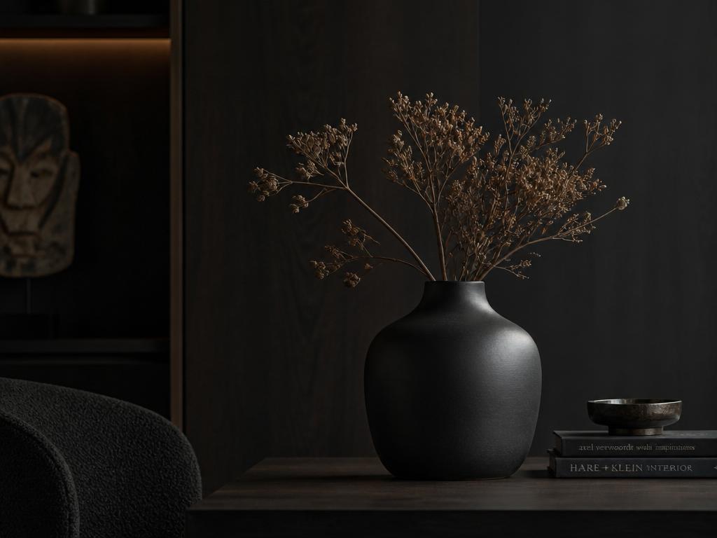 Elegant interior with dark ceramic vase and dried flowers