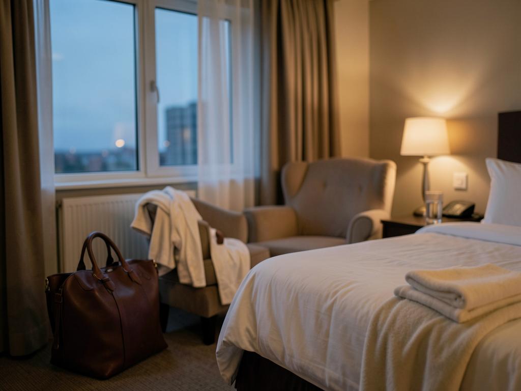 Calm private hotel suite at dusk with soft lamplight and a packed travel bag