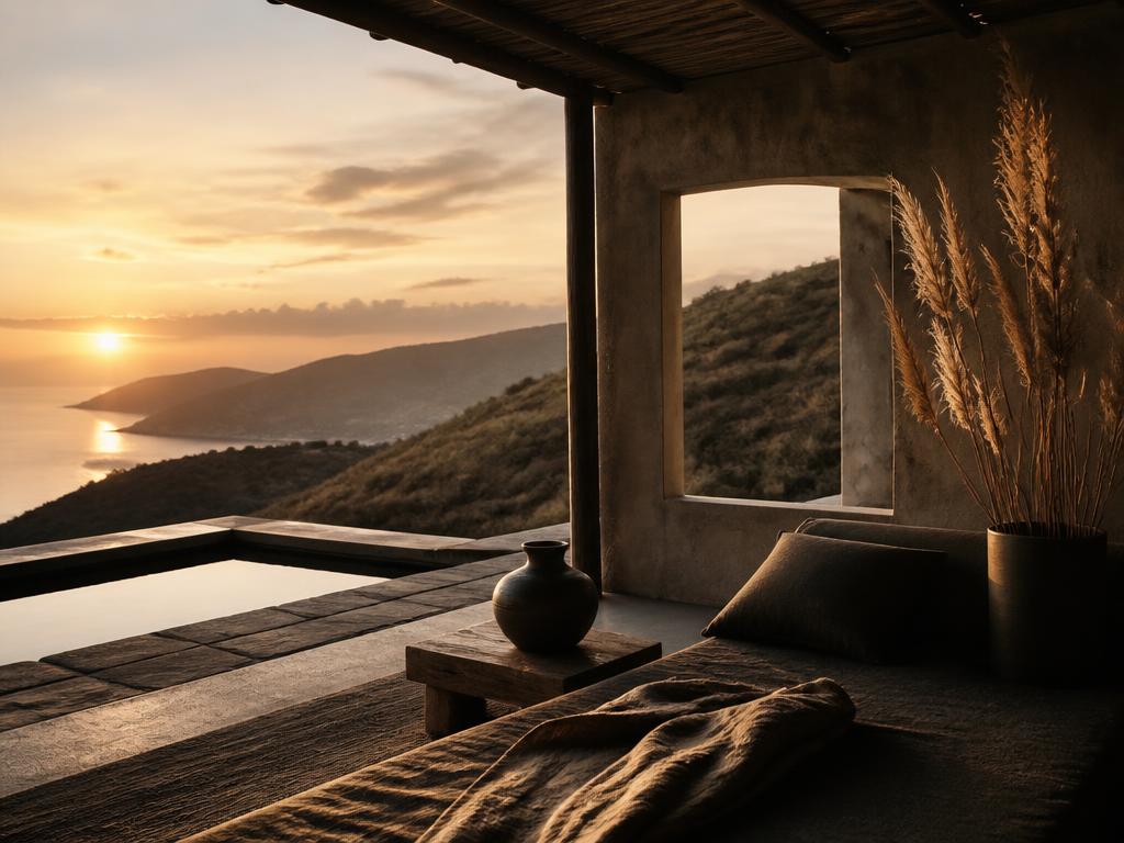 Serene private retreat terrace overlooking coastline at sunset